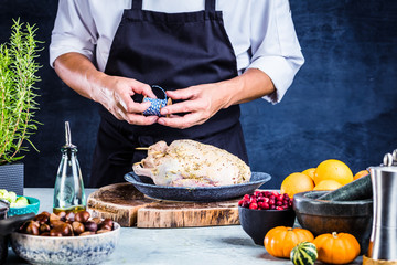 Chef preparing stuffed duck