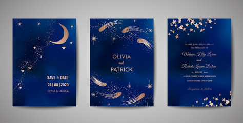Magic night dark blue sky with sparkling stars vector wedding invitation. Set of Save the Date Cards with gold glitter powder splash background, hand drawn golden dust, midnight milky way, fairytale © wooster