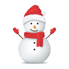Realistic Detailed 3d Happy Snowman in Hat. Vector