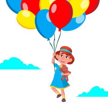 Happy Child Girl Flying In The Sky On Balloons Vector. Illustration