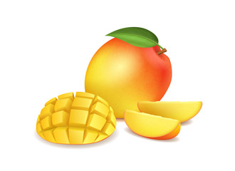 Realistic Detailed 3d Whole Mango and Sliced. Vector