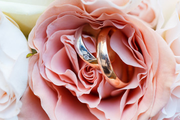 wedding golden rings with pastel pink rose