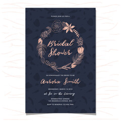 bridal shower invitation with rose gold hand drawn floral wreath