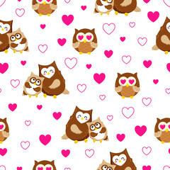 Vector seamless texture with cute cartoon owls. Doodle pattern. Template for print, textile, web design