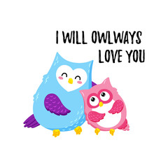 Cute cartoon vector owls. Template for printing. Valentine s Day