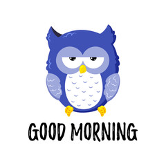 Cute cartoon tired displeased owl. Vector doodle illustration. Template for design, print.