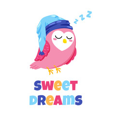 Cute cartoon vector postcard with sleeping owl. Sweet Dreams