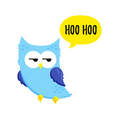 Cute cartoon tired displeased owl. Vector doodle illustration. Template for design, print.