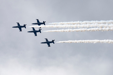 Aerobatic team Russ on aircraft L-39 Albatross performs the program at the air show