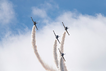 Aerobatic team Russ on aircraft L-39 Albatross performs the program at the air show