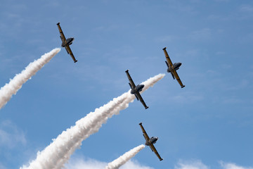 Aerobatic team Russ on aircraft L-39 Albatross performs the program at the air show