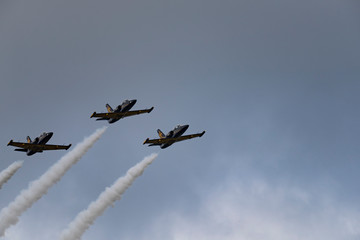 Aerobatic team Russ on aircraft L-39 Albatross performs the program at the air show