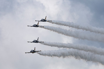 Aerobatic team Russ on aircraft L-39 Albatross performs the program at the air show