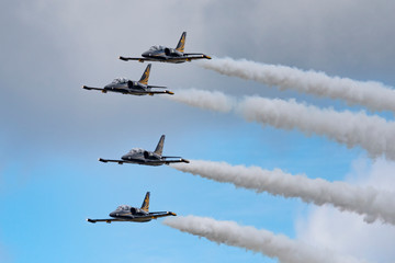Aerobatic team Russ on aircraft L-39 Albatross performs the program at the air show