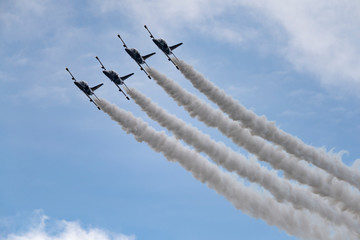 Aerobatic team Russ on aircraft L-39 Albatross performs the program at the air show