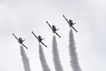 Aerobatic team Russ on aircraft L-39 Albatross performs the program at the air show