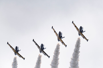 Aerobatic team Russ on aircraft L-39 Albatross performs the program at the air show