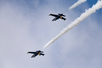 Aerobatic team Russ on aircraft L-39 Albatross performs the program at the air show