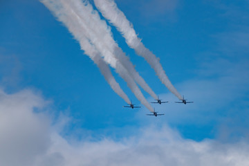 Aerobatic team Russ on aircraft L-39 Albatross performs the program at the air show