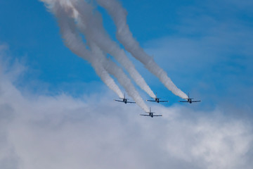 Aerobatic team Russ on aircraft L-39 Albatross performs the program at the air show