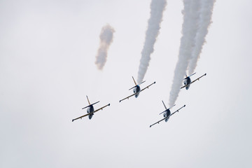 Aerobatic team Russ on aircraft L-39 Albatross performs the program at the air show
