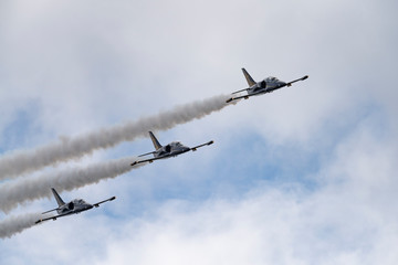 Aerobatic team Russ on aircraft L-39 Albatross performs the program at the air show