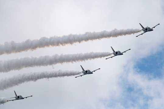 Aerobatic team Russ on aircraft L-39 Albatross performs the program at the air show