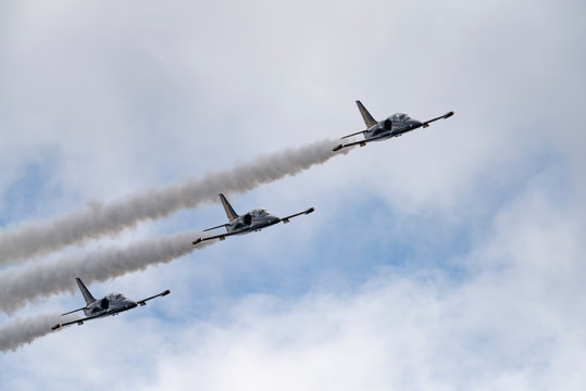 Aerobatic team Russ on aircraft L-39 Albatross performs the program at the air show
