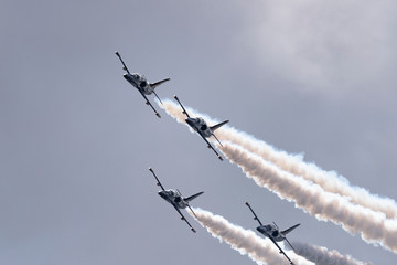 Aerobatic team Russ on aircraft L-39 Albatross performs the program at the air show