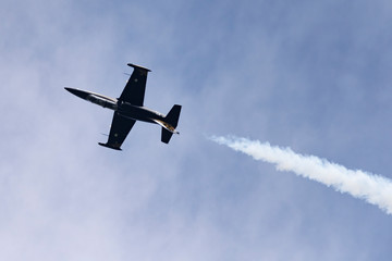 Aerobatic team Russ on aircraft L-39 Albatross performs the program at the air show