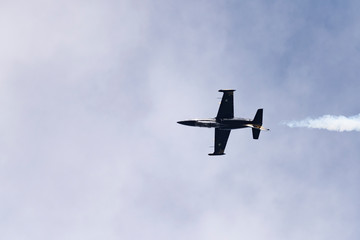 Aerobatic team Russ on aircraft L-39 Albatross performs the program at the air show