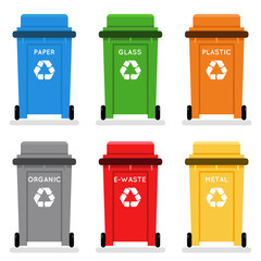 Garbage cans trash separation recycling isolated flat design icons set vector illustration