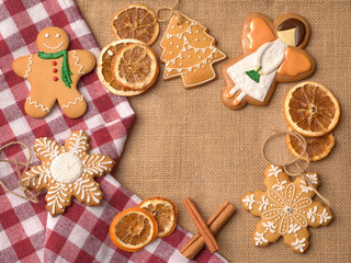 Christmas background of fabric and gingerbread