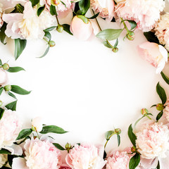 Frame made of beautiful pink peonies on white background. Flat lay, top view. Valentine's...