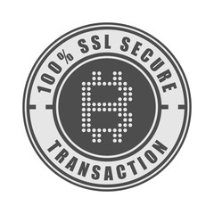 100% SSL secure transaction word and cryptocurrency symbol on circle badge vector. Minimalist style, simple design, black and gray color.