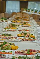 delicious dishes on the table in the restaurant. serving table.