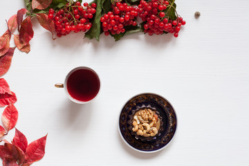 autumn yellow and Red leaves of fruit nuts meal