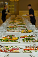 delicious dishes on the table in the restaurant. serving table.