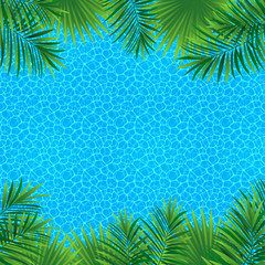 Fototapeta na wymiar Seascape tropical design. Exotic plants, sea texture, place for the text. Square border frame. Vector illustration. beautiful tropic backdrop. trendy style. Summer design. Bright colors.