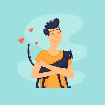 Man Hugging Cat, Pets. Flat Design Vector Illustration