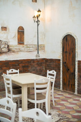 Restaurant empty table and chairs, Cafe terrace table