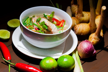 Tom Yam Goong Thai Soup on woodden table