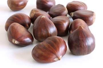 Fresh chestnuts on a white background. Isolated chestnut set. The name also refers to the edible nuts they produce. Concept of healthy and seasonal food. Autumn decorations.