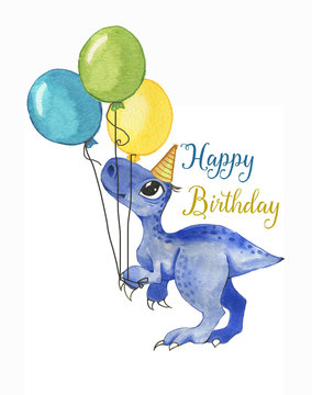 Hand drawn watercolor illustration of cute cartoon dinosaur with colorful balloons. Greeting birthday card, template, poster, banner for children