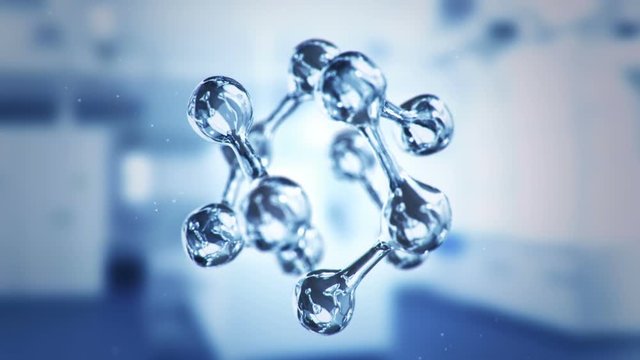 Animation of rotation DNA helix or molecule from glass and crystal and chemical formulas on backdrop. Animation of seamless loop.