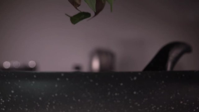 Garlic falling from wood with pepper and leaves to pan, on kitchen background. Slow motion 480 fps. Sony rx 10