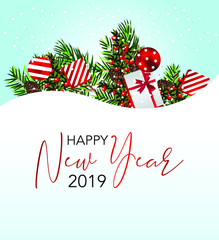 varius new year card. snow and new year tree styling with butcher's broom and packaging