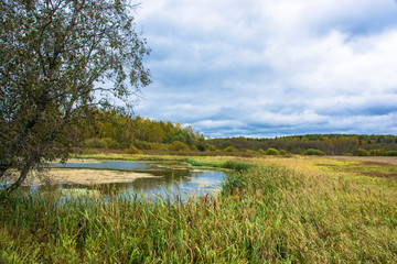 Autumn landscape with a small lake on a cloudy day, Russia.