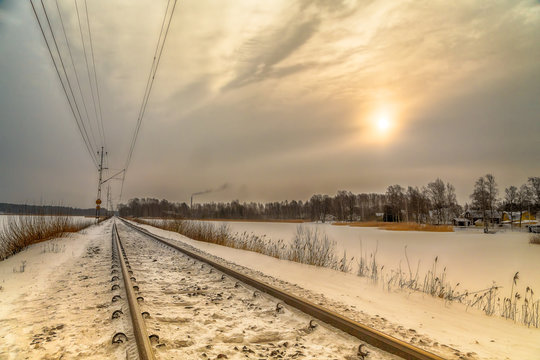railway tracks in  sunset