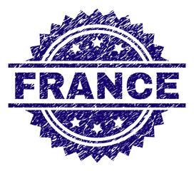 FRANCE stamp seal watermark with distress style. Blue vector rubber print of FRANCE tag with corroded texture.